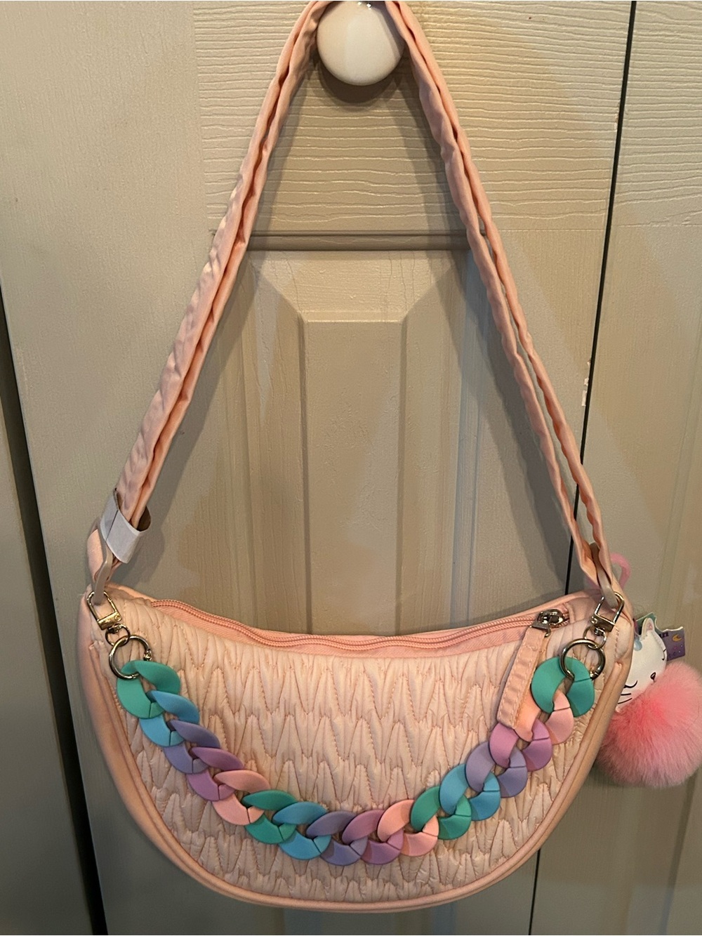 Blush Pink Quilted Shoulder Bag with Pastel Chain Accent